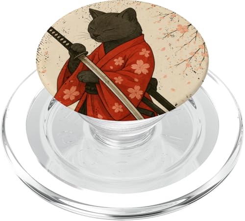 Japanische Samurai-Kirschblüte, japanische Katze, Schwarz PopSockets PopGrip für MagSafe Japanische Samurai-Kirschblüte, japanische Katze, Schwarz PopSockets PopGrip für MagSafe von JapansCollective