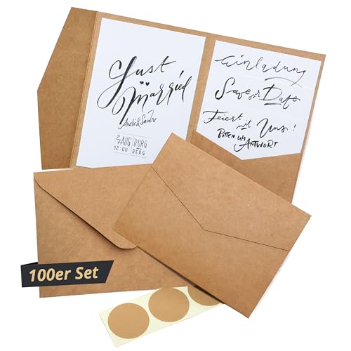 Japun - 100 Pocketfold blanko Kraft-Papier Karten inkl. Briefumschläge, Hochzeit, Einladung, gestalten, beschriften ... - DIN A6 / C6-300 g/m² von Japun