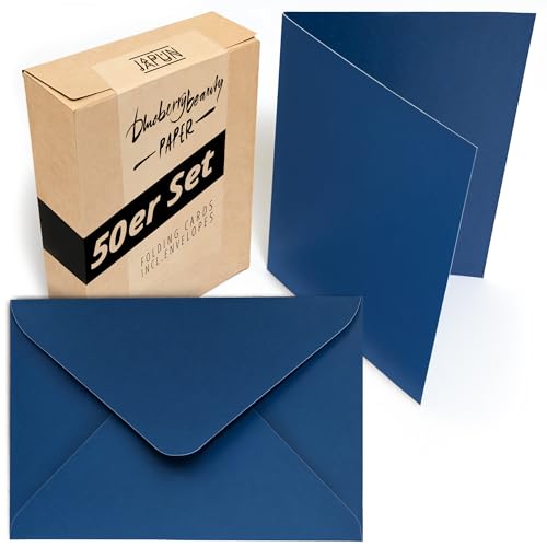 Japun - 50er Set blanko Falt-Karten inkl. Briefumschläge, Klapp-Karten zum gestalten, beschriften oder bedrucken - DIN A6 / C6 - blau von Japun