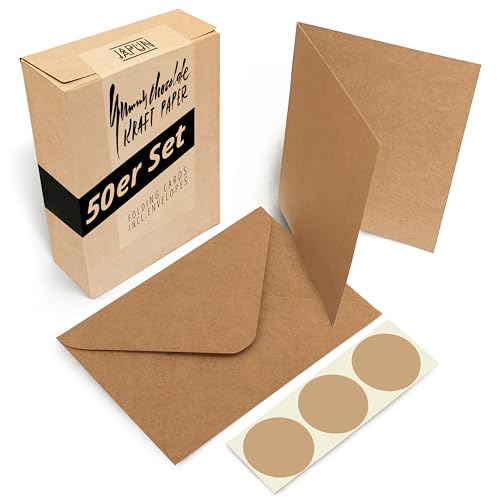 Japun - 50er Set blanko Falt-Karten inkl. Briefumschläge, Klapp-Karten zum gestalten, beschriften oder bedrucken - DIN A6 / C6 - braun von Japun