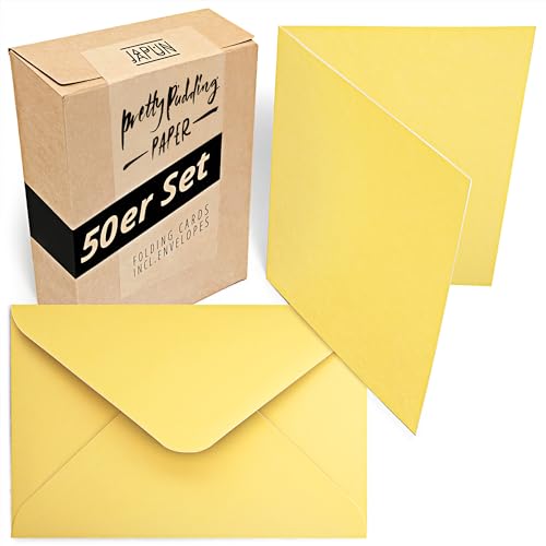 Japun - 50er Set blanko Falt-Karten inkl. Briefumschläge, Klapp-Karten zum gestalten, beschriften oder bedrucken - DIN A6 / C6 - gelb von Japun