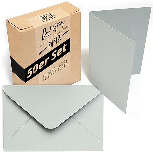 Japun - 50er Set blanko Falt-Karten inkl. Briefumschläge, Klapp-Karten zum gestalten, beschriften oder bedrucken - DIN A6 / C6 - grau von Japun