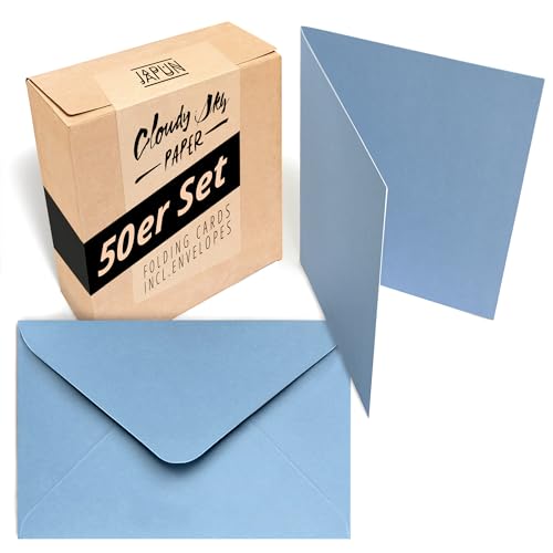 Japun - 50er Set blanko Falt-Karten inkl. Briefumschläge, Klapp-Karten zum gestalten, beschriften oder bedrucken - DIN A6 / C6 - hell-blau von Japun