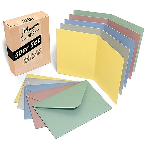 Japun - 50er Set blanko Falt-Karten inkl. Briefumschläge, Klapp-Karten zum gestalten, beschriften oder bedrucken - DIN A6 / C6 - pastell mix bunt von Japun