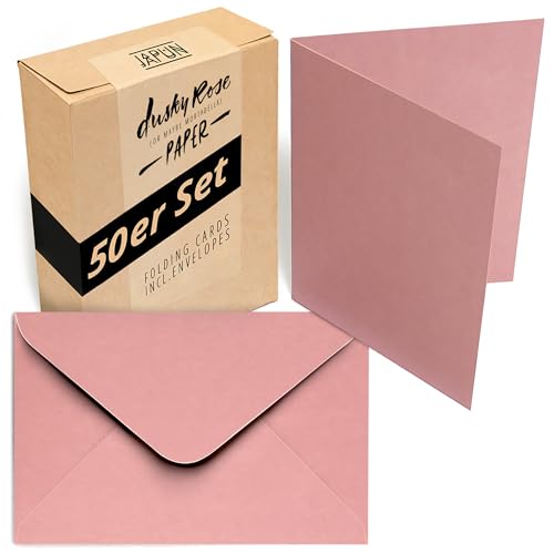 Japun - 50er Set blanko Falt-Karten inkl. Briefumschläge, Klapp-Karten zum gestalten, beschriften oder bedrucken - DIN A6 / C6 - rosa von Japun