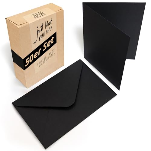 Japun - 50er Set blanko Falt-Karten inkl. Briefumschläge, Klapp-Karten zum gestalten, beschriften oder bedrucken - DIN A6 / C6 - schwarz von Japun