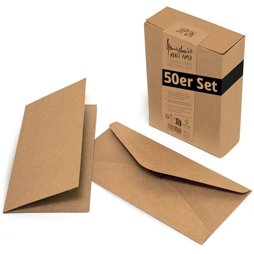 Japun - 50er Set blanko Falt-Karten inkl. Briefumschläge, Klapp-Karten zum gestalten, beschriften oder bedrucken - DIN lang - braun von Japun