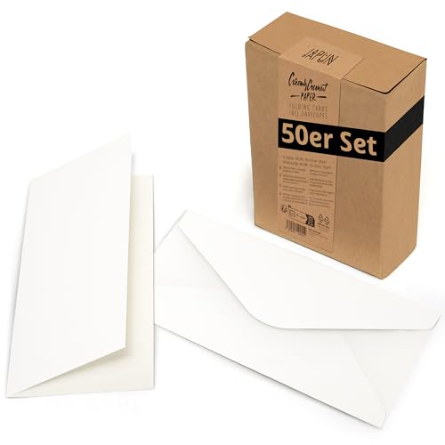 Japun - 50er Set blanko Falt-Karten inkl. Briefumschläge, Klapp-Karten zum gestalten, beschriften oder bedrucken - DIN lang - weiß von Japun