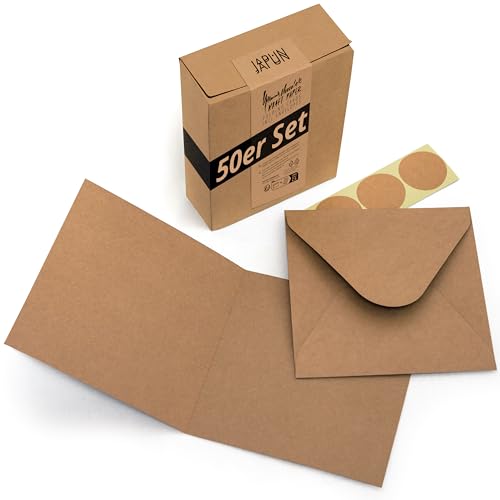 Japun - 50er Set quadratische blanko Falt-Karten inkl. Briefumschläge, Klapp-Karten zum gestalten, beschriften oder bedrucken - braun von Japun