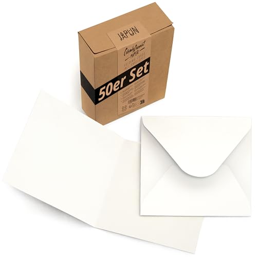 Japun - 50er Set quadratische blanko Falt-Karten inkl. Briefumschläge, Klapp-Karten zum gestalten, beschriften oder bedrucken - weiß von Japun