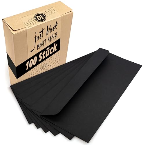 Japun – Briefumschläge (100 Stück) aus Papier, Kuvert, Umschlag ohne Fenster - DIN lang - 220 x 110 mm - schwarz von Japun