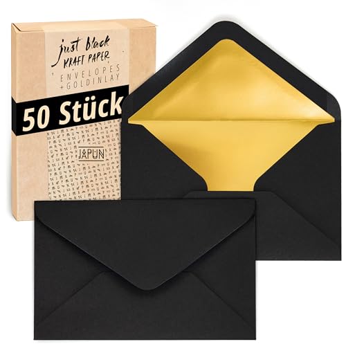 Japun – Briefumschläge (50 Stück), Kuvert, Umschlag ohne Fenster - DIN C6-162 x 114 mm - innen: Gold - Papier-Farbe: schwarz von Japun