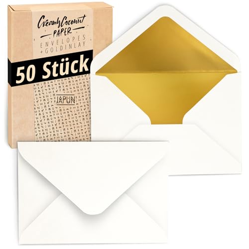 Japun – Briefumschläge (50 Stück), Kuvert, Umschlag ohne Fenster - DIN C6-162 x 114 mm - innen: Gold - Papier-Farbe: weiß von Japun