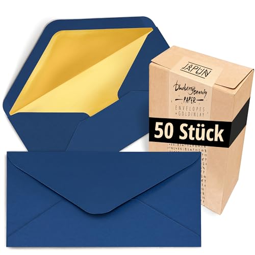 Japun – Briefumschläge (50 Stück), Kuvert, Umschlag ohne Fenster - DIN lang - 220 x 110 mm - innen: Gold - Papier-Farbe: blau von Japun