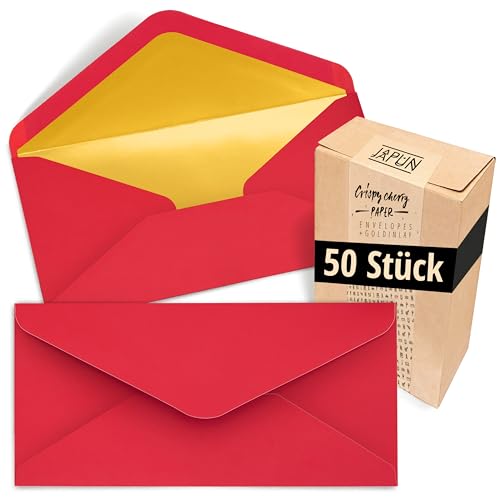 Japun – Briefumschläge (50 Stück), Kuvert, Umschlag ohne Fenster - DIN lang - 220 x 110 mm - innen: Gold - Papier-Farbe: rot von Japun