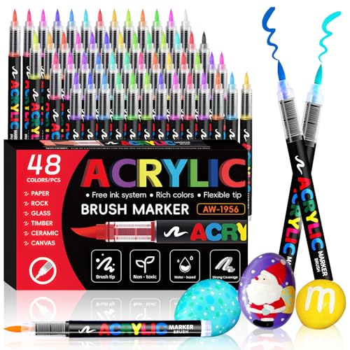 Japzam 48 Farben Acrylstifte Acrylic Brush Marker Set für Steine Wasserfest Acrylmarker Set Acrylic Paint Marker für Holz, Glas, Keramik, Ei, Papier, Stifte zum Steine Bemalen für Ostern Weihnachten von Japzam