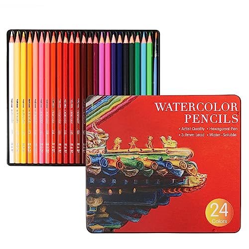 JasCherry Professionelle Aquarellstifte, Set Buntstifte 24 Farben, mit Pinsel und Spitzer in Blechdose, Wasserfarbstifte für Künstler, Anfänger, Kinder und Erwachsene von JasCherry