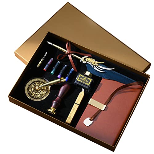 JasCherry Schreibfeder mit Tinte Set- Vintage Kalligrafie stift mit Wachssiegel Stempel, Federkiel Set mit Tinte & Notizbuch in Geschenkbox für Geburtstag Weihnachten Schreibwaren Geschenk von JasCherry