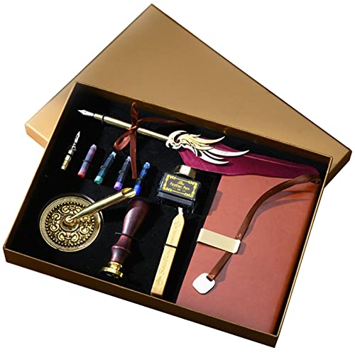JasCherry Schreibfeder mit Tinte Set- Vintage Kalligrafie stift mit Wachssiegel Stempel, Federkiel Set mit Tinte & Notizbuch in Geschenkbox für Geburtstag Weihnachten Schreibwaren Geschenk von JasCherry