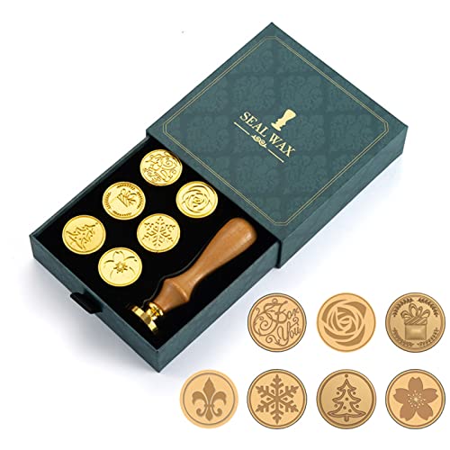 JasCherry Wachs Siegel Stempel Set, 7 Stück Siegel Stempelkopf Kupfer mit 1 Holzgriff, Retro Siegelwachs Stempel Geschenkbox für Briefe, Antikes Manuskript, Grußkarten, Hochzeit Einladung von JasCherry