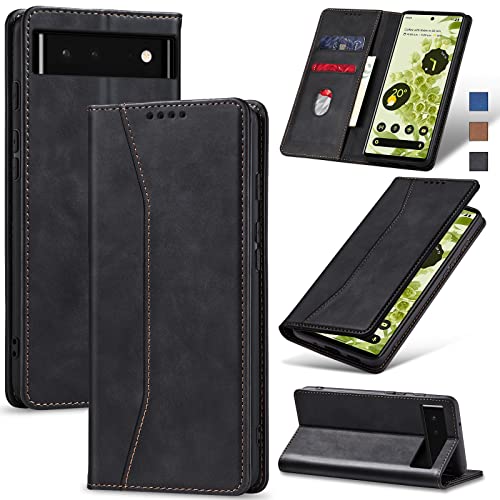 Jasonyu Handyhülle für Google Pixel 6 Hülle Leder Flip Klappbare Stoßfeste Magnetische Premium PU Leder Standfunktion Kartenfächern Schutzhülle Klapphülle für Google Pixel 6,Schwarz von Jasonyu