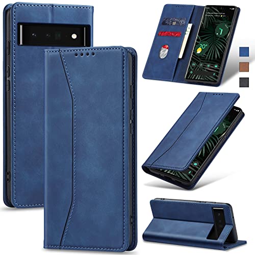 Jasonyu Handyhülle für Google Pixel 6 Pro Hülle Leder Flip Klappbare Stoßfeste Magnetische Premium PU Leder Standfunktion Kartenfächern Schutzhülle Klapphülle für Google Pixel 6 Pro,Blau von Jasonyu