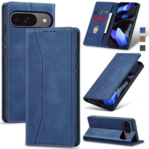 Jasonyu Handyhülle für Google Pixel 9/9 Pro Hülle Leder Flip Klappbare Stoßfeste Magnetische PU Leder Standfunktion Kartenfächern Schutzhülle Klapphülle für Pixel 9/9 Pro,Blau von Jasonyu