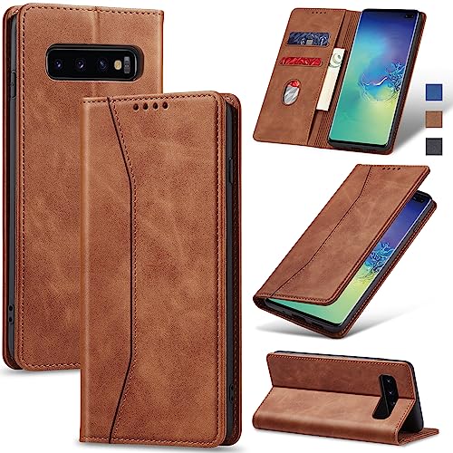 Jasonyu Handyhülle für Samsung Galaxy S10 Plus Hülle Leder Flip Klappbare Stoßfeste Magnetische [Premium PU Leder] [Standfunktion] [Kartenfächern] Schutzhülle Klapphülle für Samsung S10+ (Braun) von Jasonyu