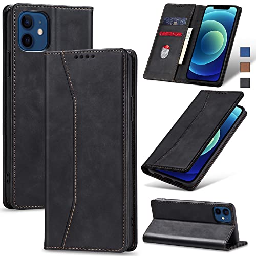 Jasonyu Handyhülle für iPhone 12/12 Pro Hülle Leder Flip Klappbare Stoßfeste Magnetische Premium PU Leder Standfunktion Kartenfächern Schutzhülle Klapphülle für iPhone 12/12 Pro,Schwarz von Jasonyu