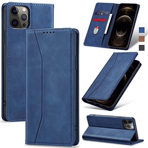 Jasonyu Handyhülle für iPhone 12 Pro Max Hülle Leder Flip Klappbare Stoßfeste Magnetische Premium PU Leder Standfunktion Kartenfächern Schutzhülle Klapphülle,Blau von Jasonyu
