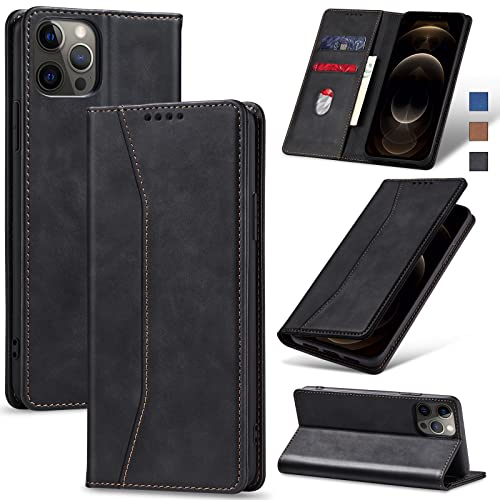 Jasonyu Handyhülle für iPhone 12 Pro Max Hülle Leder Flip Klappbare Stoßfeste Magnetische Premium PU Leder Standfunktion Kartenfächern Schutzhülle Klapphülle,Schwarz von Jasonyu