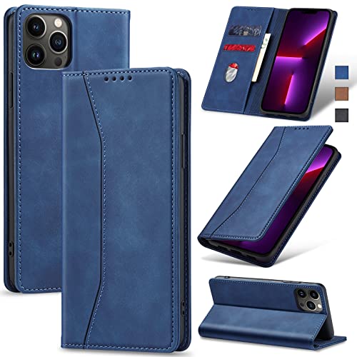 Jasonyu Handyhülle für iPhone 13 Pro Max Hülle Leder Flip Klappbare Stoßfeste Magnetische Premium PU Leder Standfunktion Kartenfächern Schutzhülle Klapphülle,Blau von Jasonyu