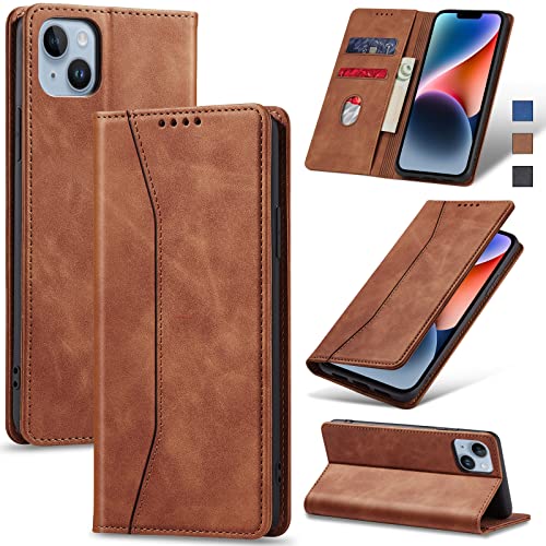 Jasonyu Handyhülle für iPhone 14 Hülle Leder Flip Klappbare Stoßfeste Magnetische Premium PU Leder Standfunktion Kartenfächern Schutzhülle Klapphülle für iPhone 14,Braun von Jasonyu