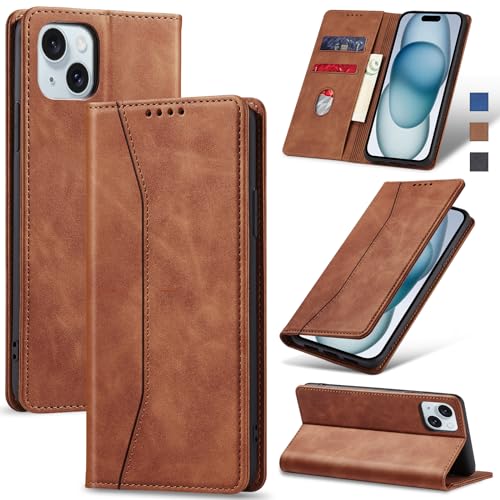 Jasonyu Handyhülle für iPhone 15 Hülle Leder Flip Klappbare Stoßfeste Magnetische Premium PU Leder Standfunktion Kartenfächern Schutzhülle Klapphülle für iPhone 15,Braun von Jasonyu