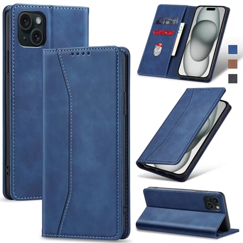 Jasonyu Handyhülle für iPhone 15 Plus Hülle Leder Flip Klappbare Stoßfeste Magnetische Premium PU Leder Standfunktion Kartenfächern Schutzhülle Klapphülle für iPhone 15 Plus,Blau von Jasonyu