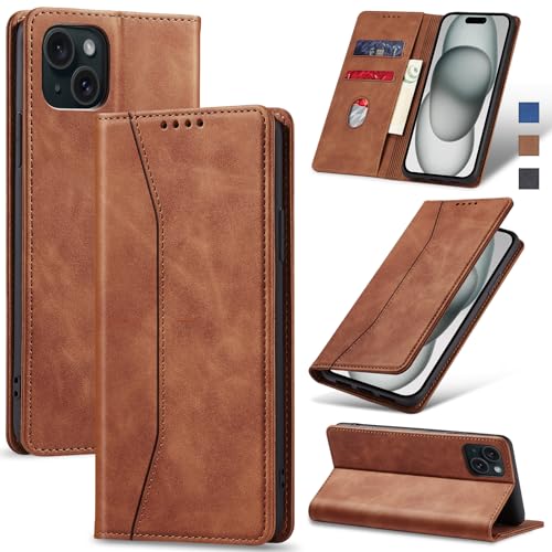 Jasonyu Handyhülle für iPhone 15 Plus Hülle Leder Flip Klappbare Stoßfeste Magnetische Premium PU Leder Standfunktion Kartenfächern Schutzhülle Klapphülle für iPhone 15 Plus,Braun von Jasonyu