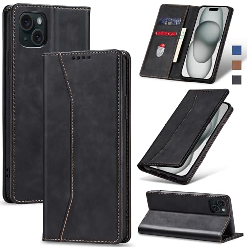 Jasonyu Handyhülle für iPhone 15 Plus Hülle Leder Flip Klappbare Stoßfeste Magnetische Premium PU Leder Standfunktion Kartenfächern Schutzhülle Klapphülle für iPhone 15 Plus,Schwarz von Jasonyu