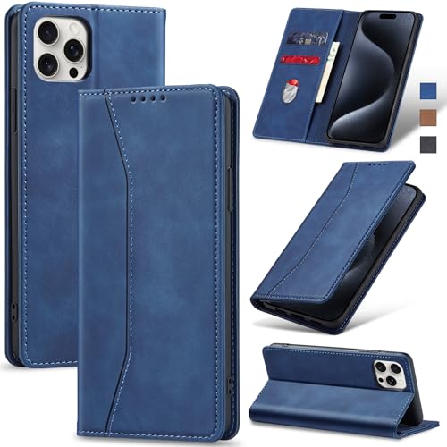 Jasonyu Handyhülle für iPhone 15 Pro Hülle Leder Flip Klappbare Stoßfeste Magnetische Premium PU Leder Standfunktion Kartenfächern Schutzhülle Klapphülle für iPhone 15 Pro,Blau von Jasonyu