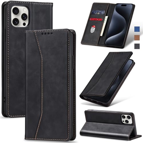 Jasonyu Handyhülle für iPhone 15 Pro Hülle Leder Flip Klappbare Stoßfeste Magnetische Premium PU Leder Standfunktion Kartenfächern Schutzhülle Klapphülle für iPhone 15 Pro,Schwarz von Jasonyu
