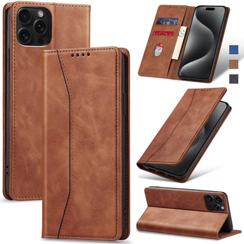 Jasonyu Handyhülle für iPhone 15 Pro Max Hülle Leder Flip Klappbare Stoßfeste Magnetische Premium PU Leder Standfunktion Kartenfächern Schutzhülle Klapphülle,Braun von Jasonyu