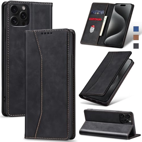 Jasonyu Handyhülle für iPhone 15 Pro Max Hülle Leder Flip Klappbare Stoßfeste Magnetische Premium PU Leder Standfunktion Kartenfächern Schutzhülle Klapphülle,Schwarz von Jasonyu