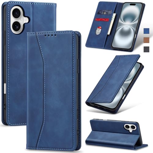Jasonyu Handyhülle für iPhone 16 Hülle Leder Flip Klappbare Stoßfeste Magnetische Premium PU Leder Standfunktion Kartenfächern Schutzhülle Klapphülle für iPhone 16,Blau von Jasonyu