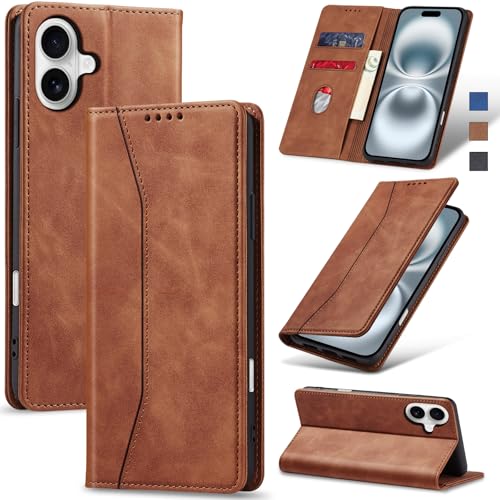 Jasonyu Handyhülle für iPhone 16 Hülle Leder Flip Klappbare Stoßfeste Magnetische Premium PU Leder Standfunktion Kartenfächern Schutzhülle Klapphülle für iPhone 16,Braun von Jasonyu