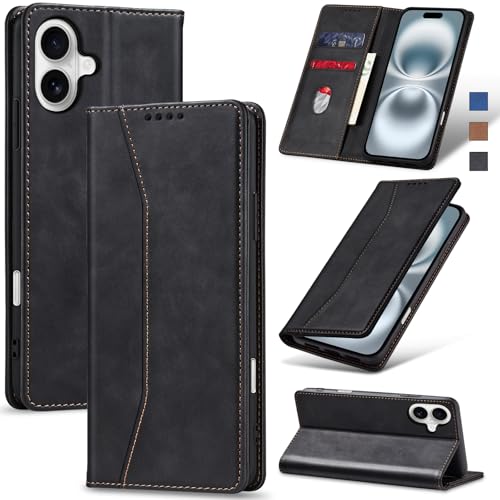 Jasonyu Handyhülle für iPhone 16 Hülle Leder Flip Klappbare Stoßfeste Magnetische Premium PU Leder Standfunktion Kartenfächern Schutzhülle Klapphülle für iPhone 16,Schwarz von Jasonyu