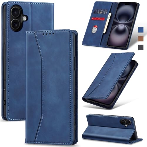 Jasonyu Handyhülle für iPhone 16 Plus Hülle Leder Flip Klappbare Stoßfeste Magnetische Premium PU Leder Standfunktion Kartenfächern Schutzhülle Klapphülle für iPhone 16 Plus,Blau von Jasonyu