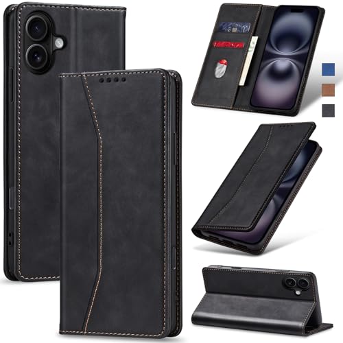 Jasonyu Handyhülle für iPhone 16 Plus Hülle Leder Flip Klappbare Stoßfeste Magnetische Premium PU Leder Standfunktion Kartenfächern Schutzhülle Klapphülle für iPhone 16 Plus,Schwarz von Jasonyu