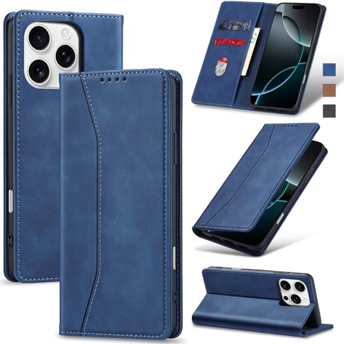 Jasonyu Handyhülle für iPhone 16 Pro Hülle Leder Flip Klappbare Stoßfeste Magnetische Premium PU Leder Standfunktion Kartenfächern Schutzhülle Klapphülle für iPhone 16 Pro,Blau von Jasonyu