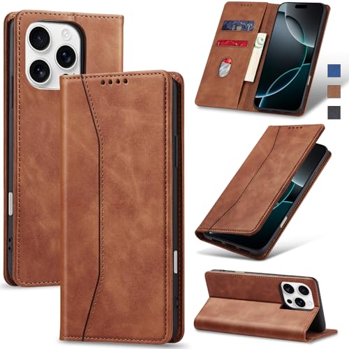 Jasonyu Handyhülle für iPhone 16 Pro Hülle Leder Flip Klappbare Stoßfeste Magnetische Premium PU Leder Standfunktion Kartenfächern Schutzhülle Klapphülle für iPhone 16 Pro,Braun von Jasonyu