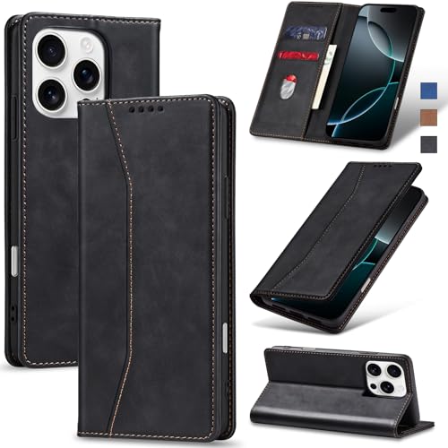 Jasonyu Handyhülle für iPhone 16 Pro Hülle Leder Flip Klappbare Stoßfeste Magnetische Premium PU Leder Standfunktion Kartenfächern Schutzhülle Klapphülle für iPhone 16 Pro,Schwarz von Jasonyu