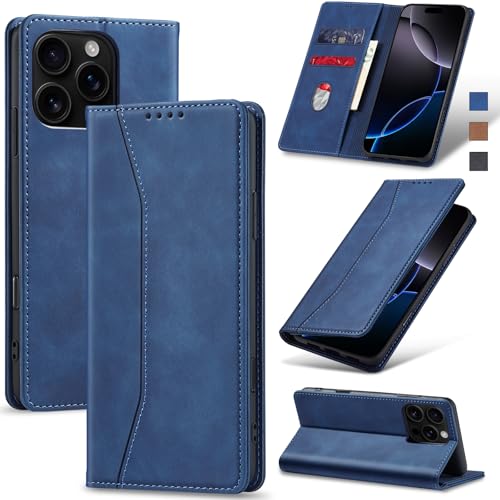 Jasonyu Handyhülle für iPhone 16 Pro Max Hülle Leder Flip Klappbare Stoßfeste Magnetische Premium PU Leder Standfunktion Kartenfächern Schutzhülle Klapphülle,Blau von Jasonyu